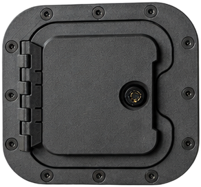 The RV Fuel Vault — injection-molded locking fuel-door enclosure for Super C, Class C, and Class A Motorhomes