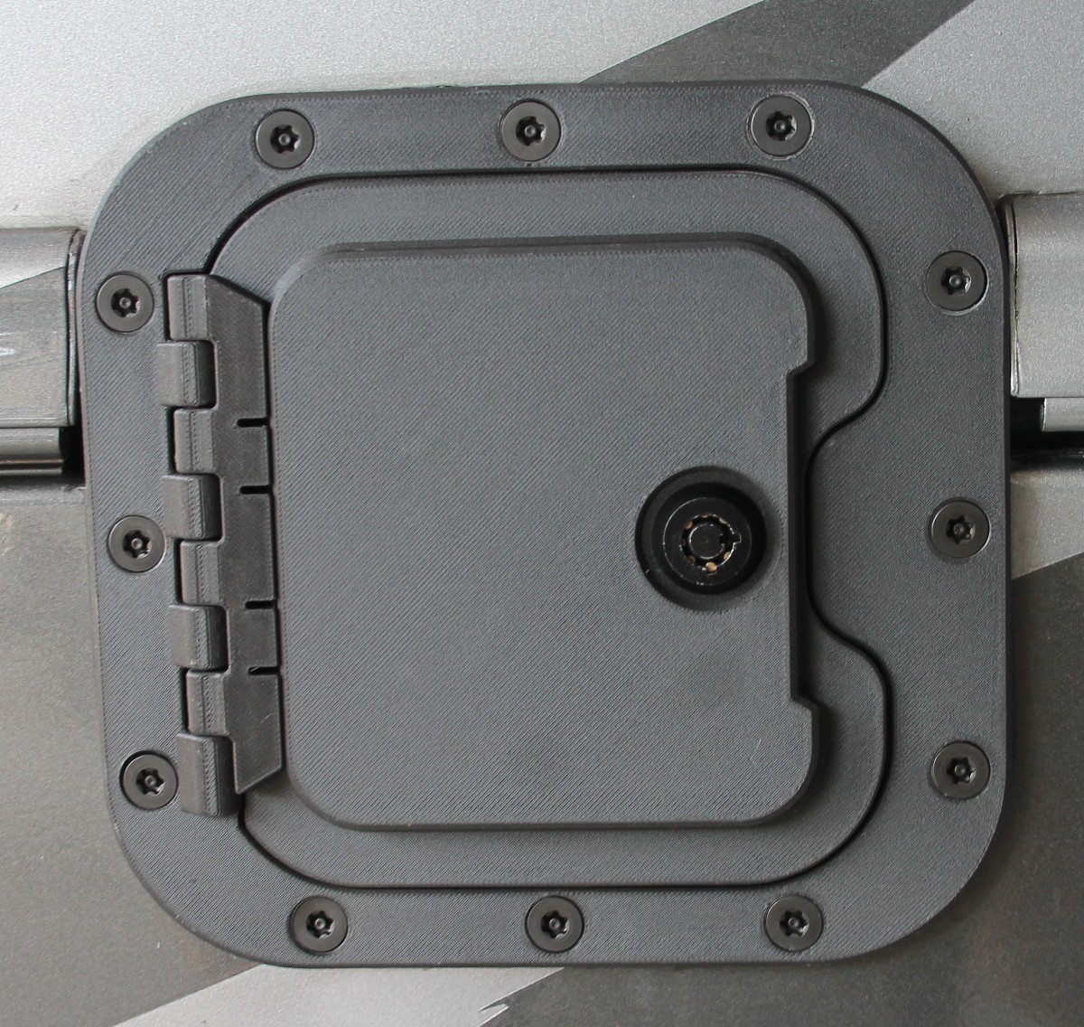 The RV Fuel Vault installed on an RV — locking fuel-door enclosure for Super C, Class C, and Class A Motorhomes