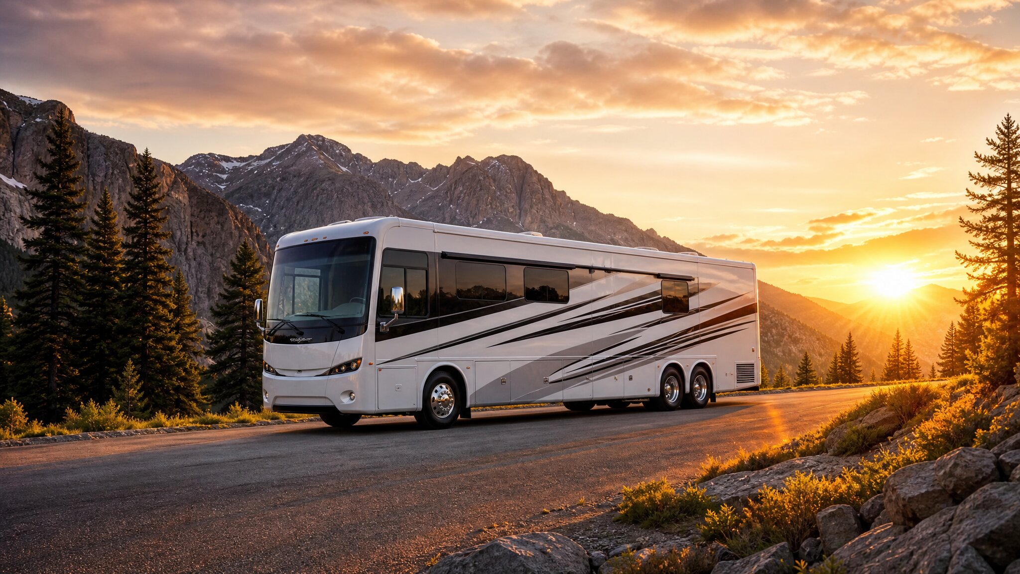 Class A diesel pusher motorhome at a scenic mountain campsite during golden hour sunset