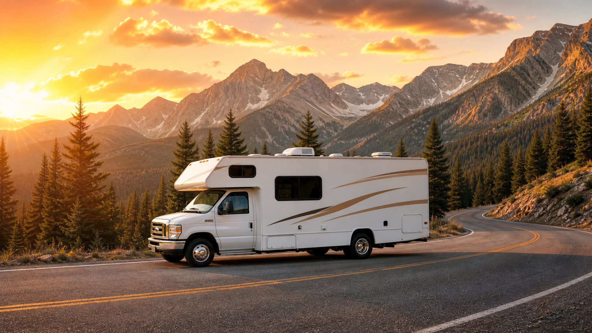 Class C motorhome at a scenic mountain campsite during golden hour sunset