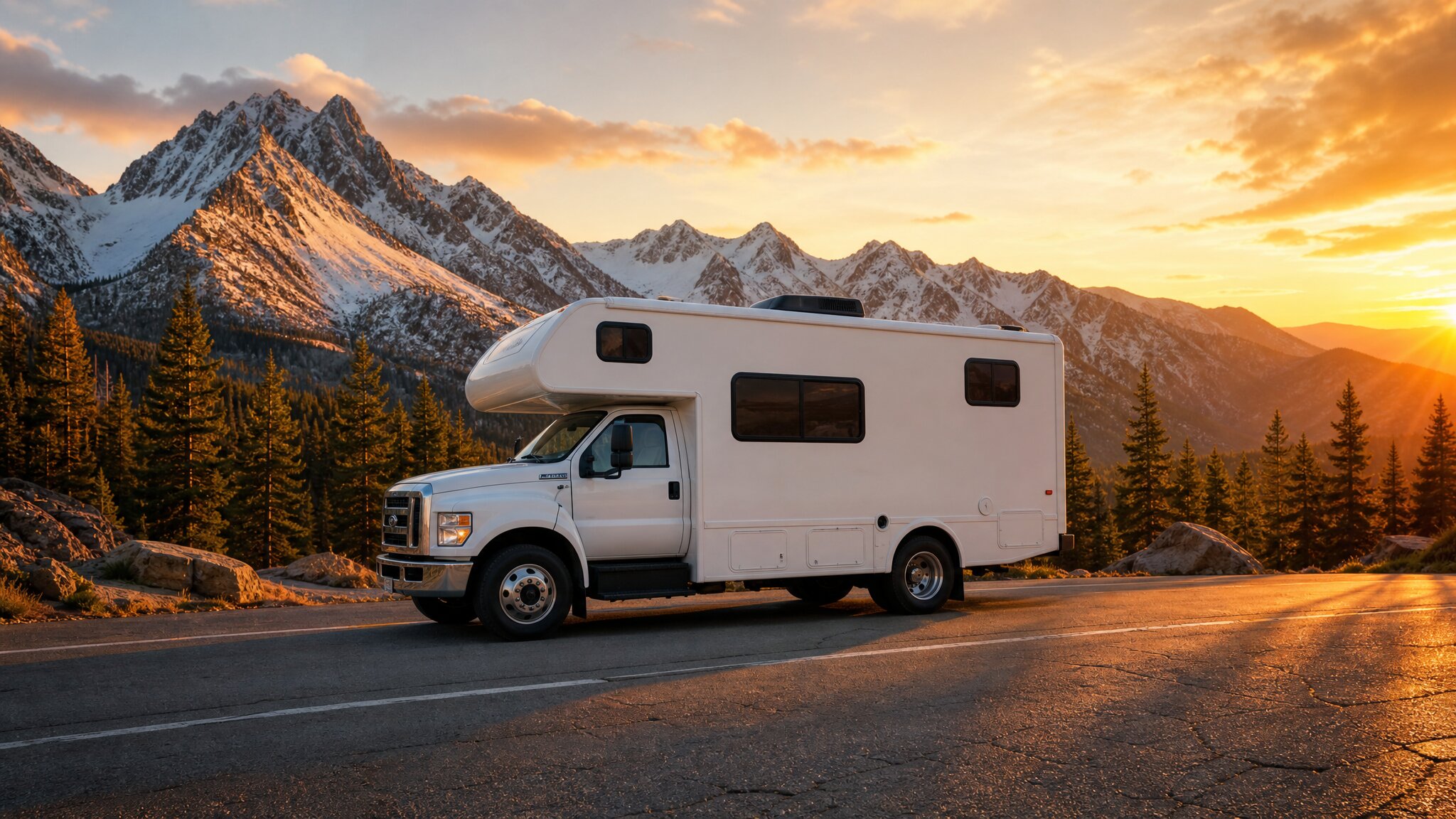 Ford F-600 Super C motorhome at a scenic mountain campsite during golden hour sunset
